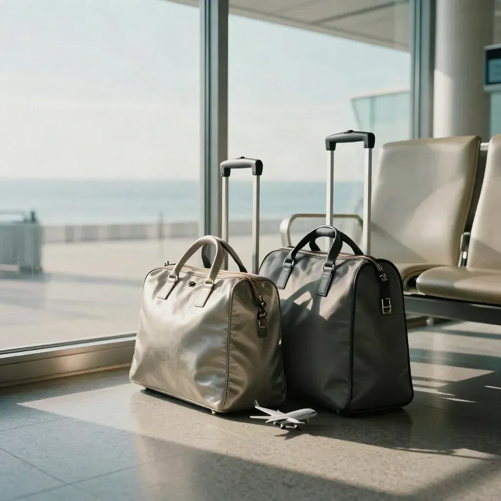 Terminal luminoso con due trolley, modellino d’aereo e seduta in pelle chiara.