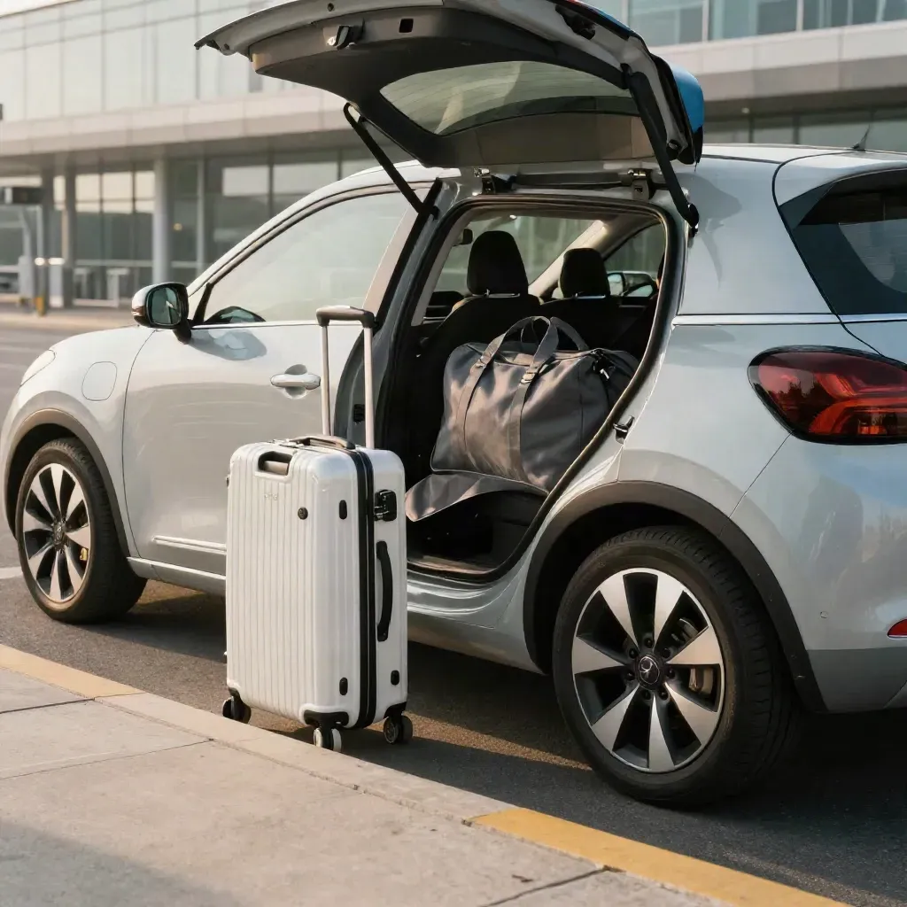 Auto compatta da noleggio con valigia nel bagagliaio, al terminal, luce radente.