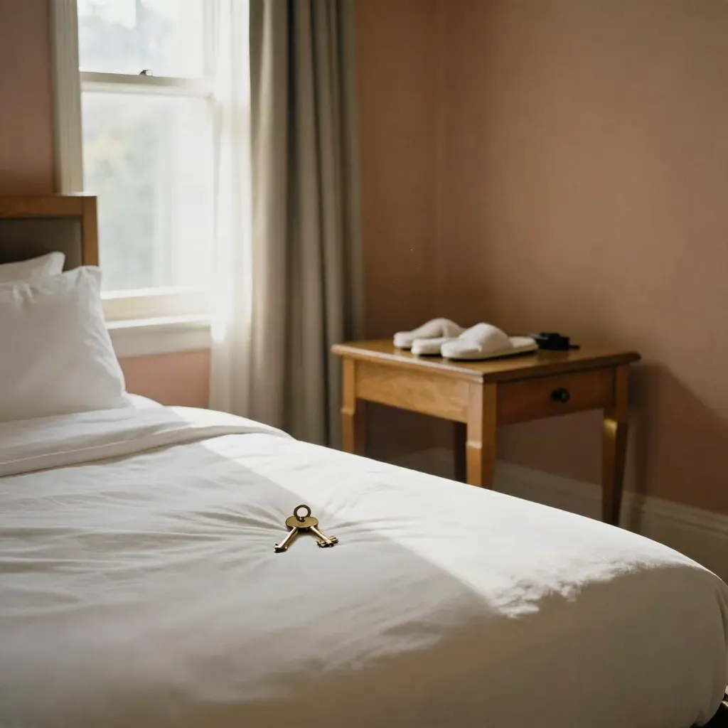 Camera d’hotel impeccata con letto king, chiave in ottone, pantofole e tende leggere