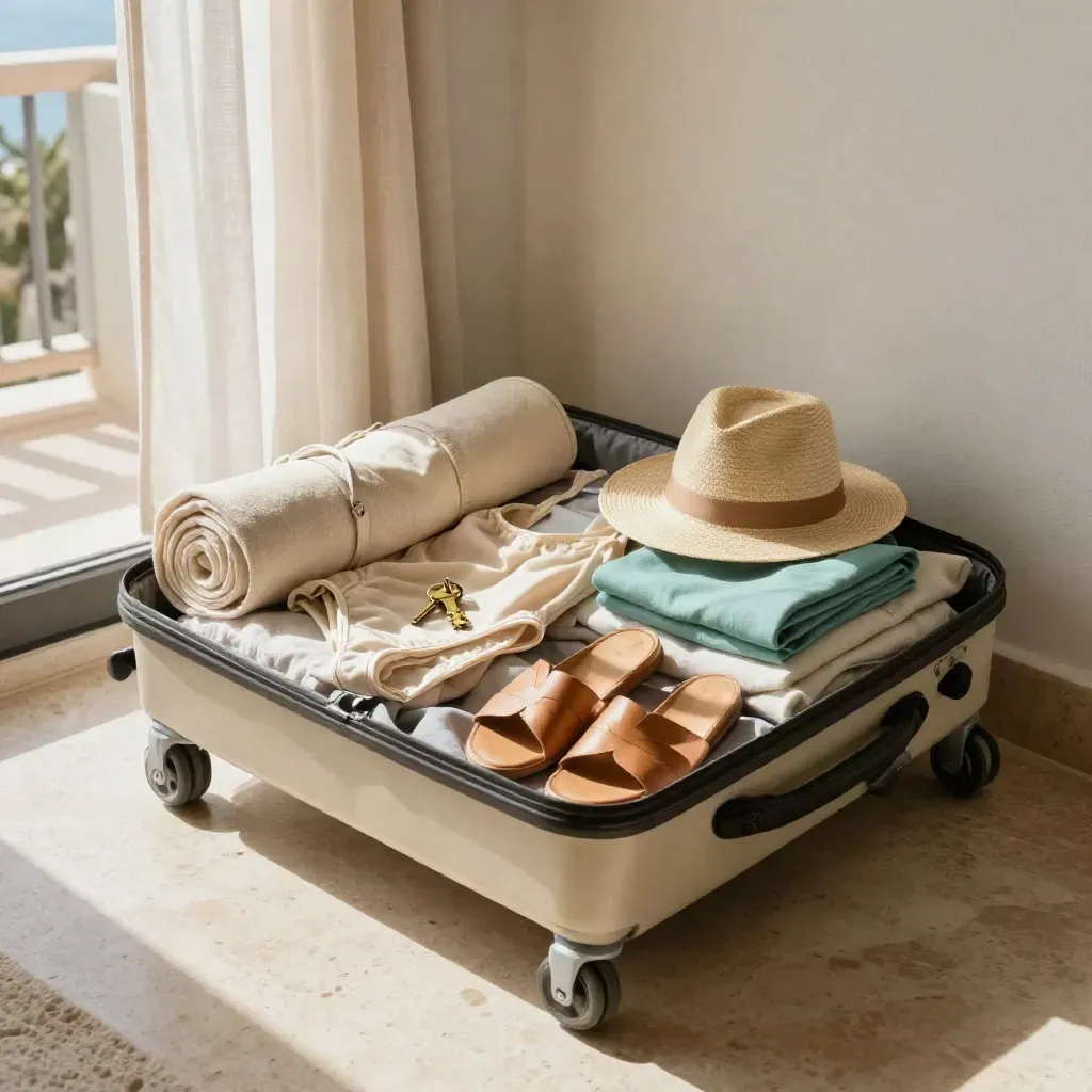 Angolo vacanza con trolley, sandali, costume arrotolato, chiave hotel e cappello di paglia.