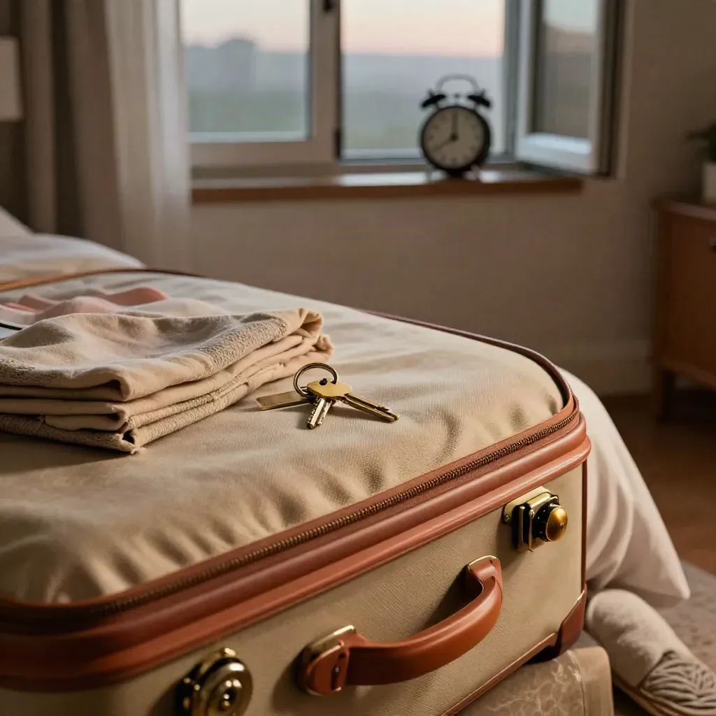 Valigia semiaperta su letto, sveglia, chiavi hotel e pantofole davanti a finestra serale aperta.