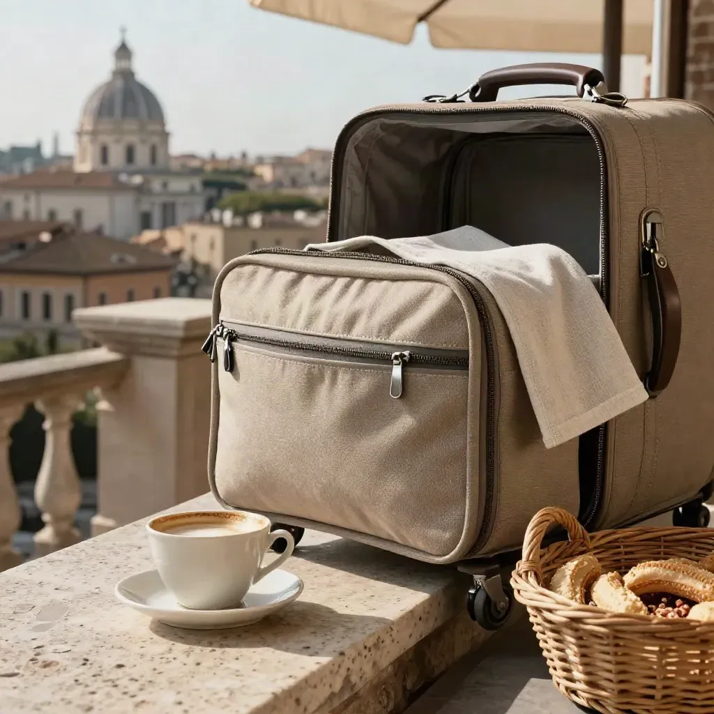 Terrazza romana con trolley aperto, colazione pronta e cupola lontana sotto una tenda chiara.
