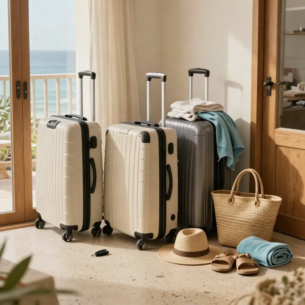 Quattro trolley in un appartamento vacanza luminoso con chiave auto e accessori mare.