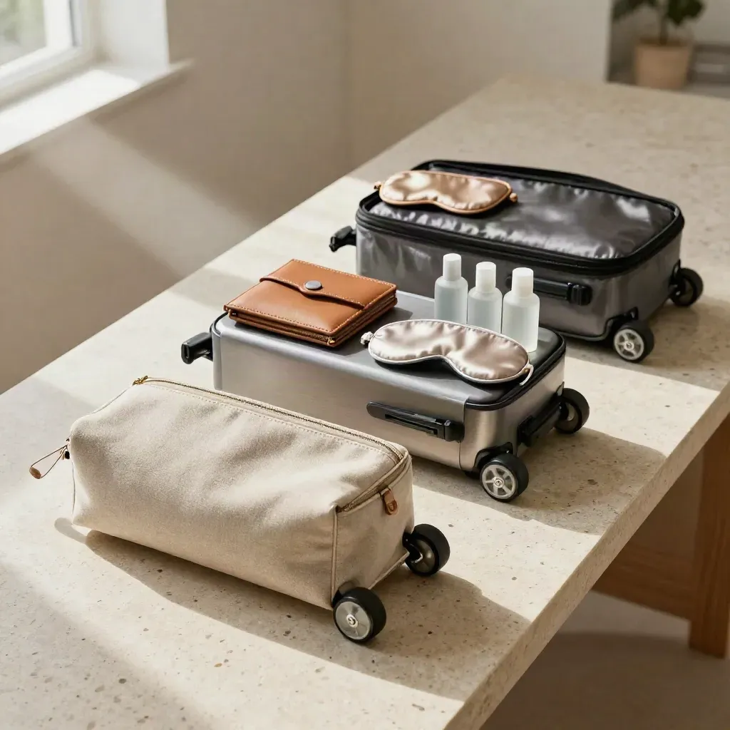 Tre trolley cabin e accessori viaggio allineati in una stanza luminosa, pronti per il confronto budget.