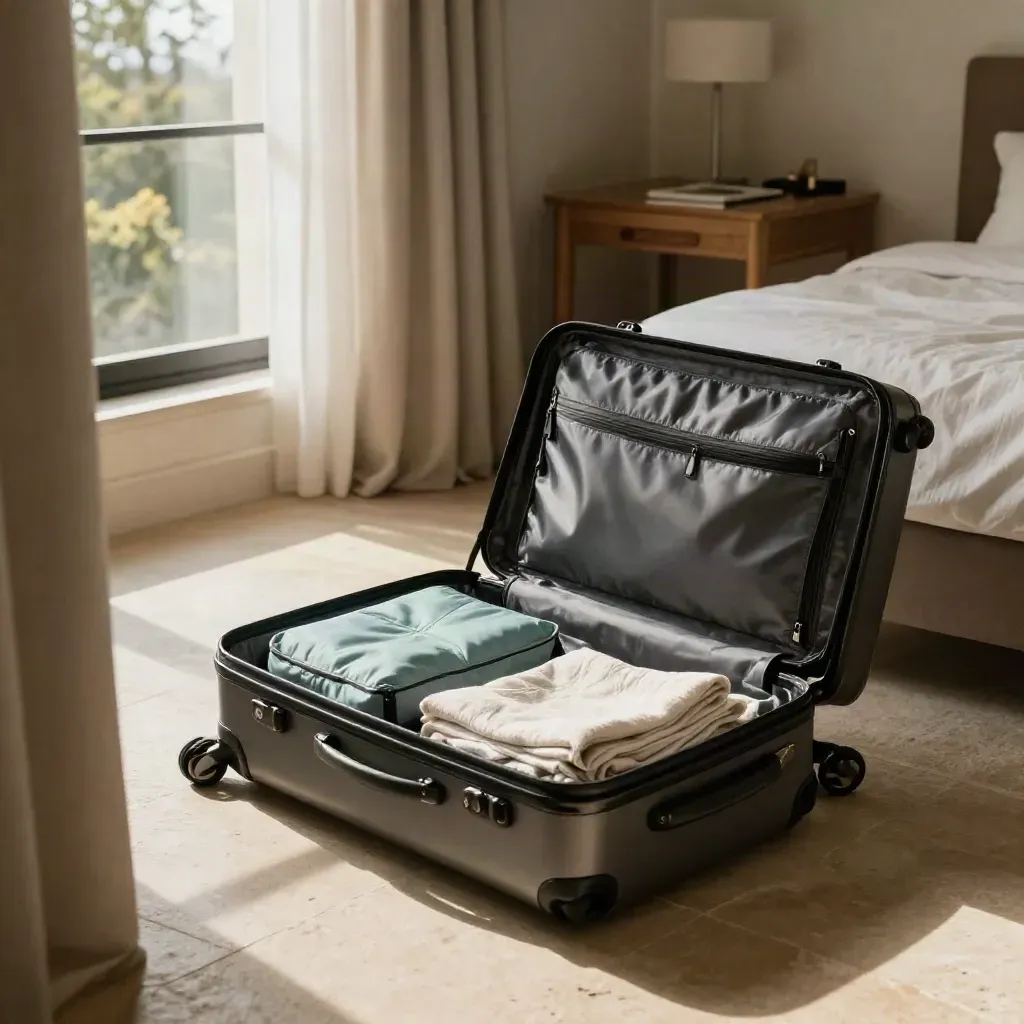 Camera d’hotel pronta con valigia aperta, tende spalancate e luce estiva radente.