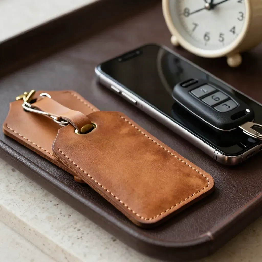 Tag bagaglio, telefono spento, chiave auto e orologio su pelle scura, luce morbida.