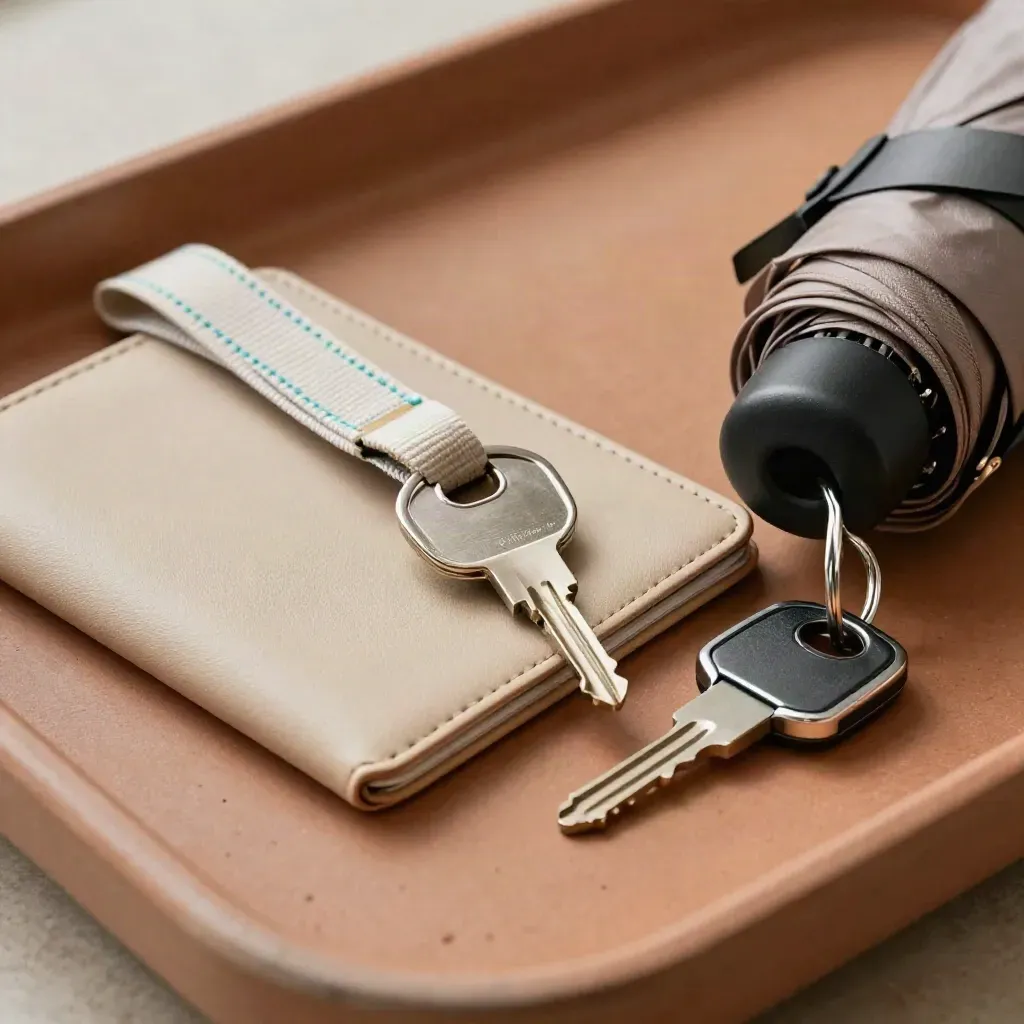 Custodia passaporto, chiave hotel, cordino, mini ombrello e portachiavi su vassoio terracotta.