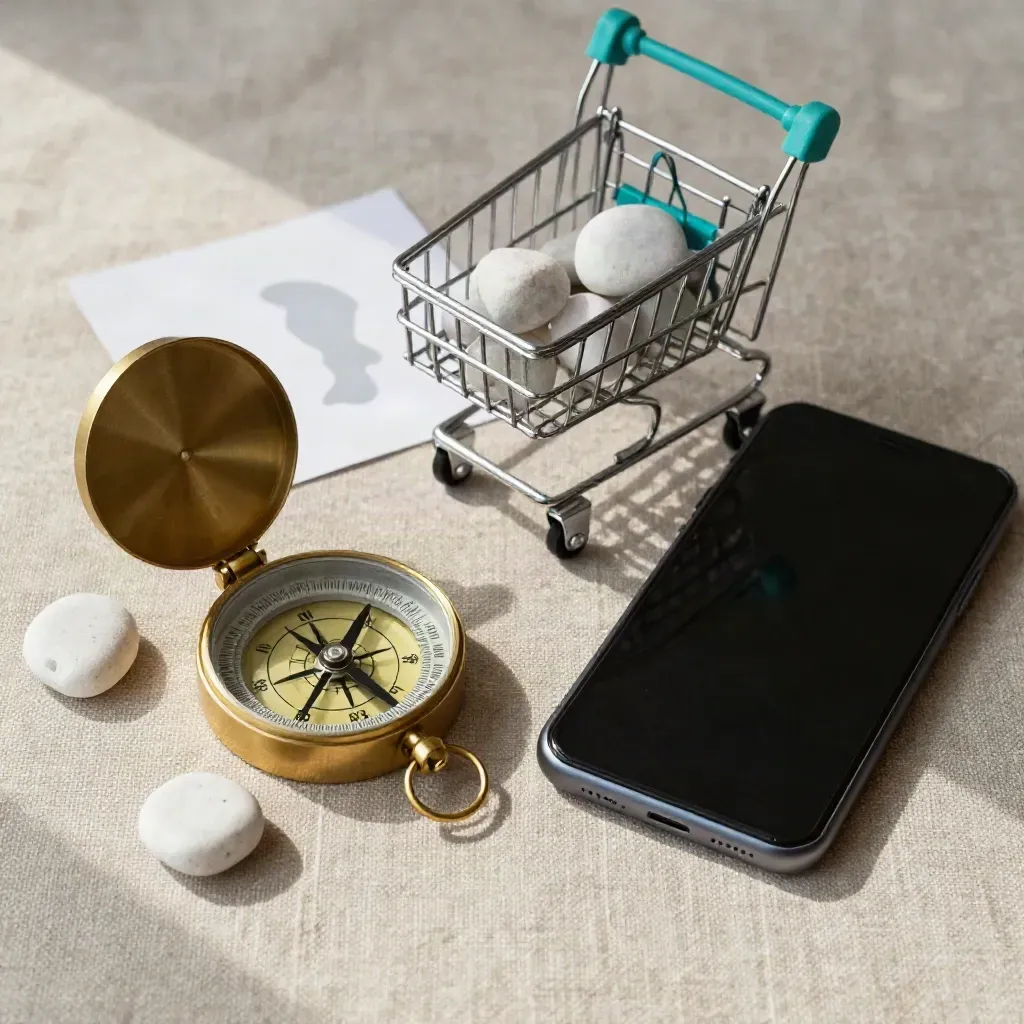 Bussola, telefono spento e mini trolley su lino grezzo con sassolini chiari.