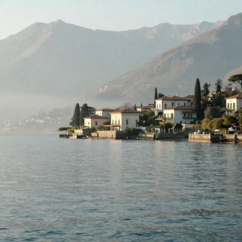 Lago di Como all’alba con ville alte, montagne velate e acqua calma in basso.