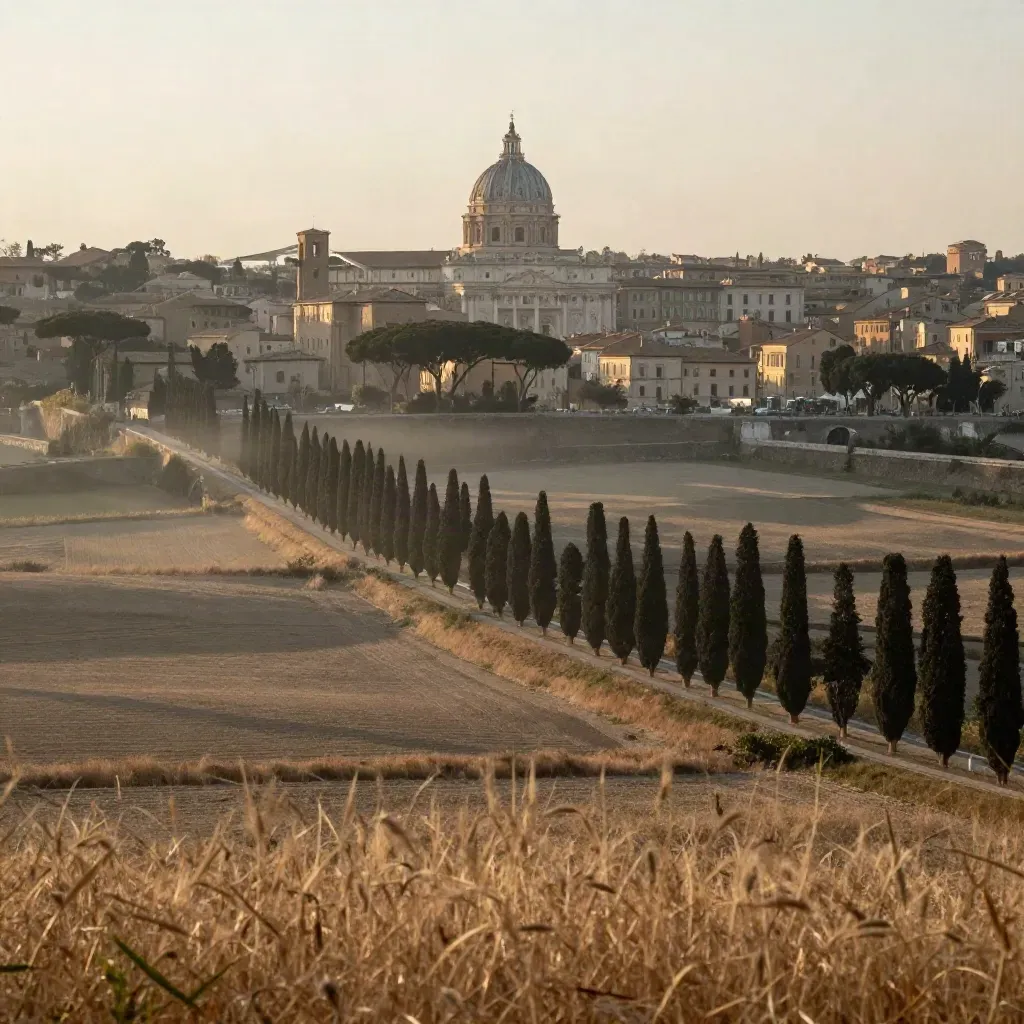 Cupola di Roma lontana sopra campi e cipressi, luce dorata e cielo velato