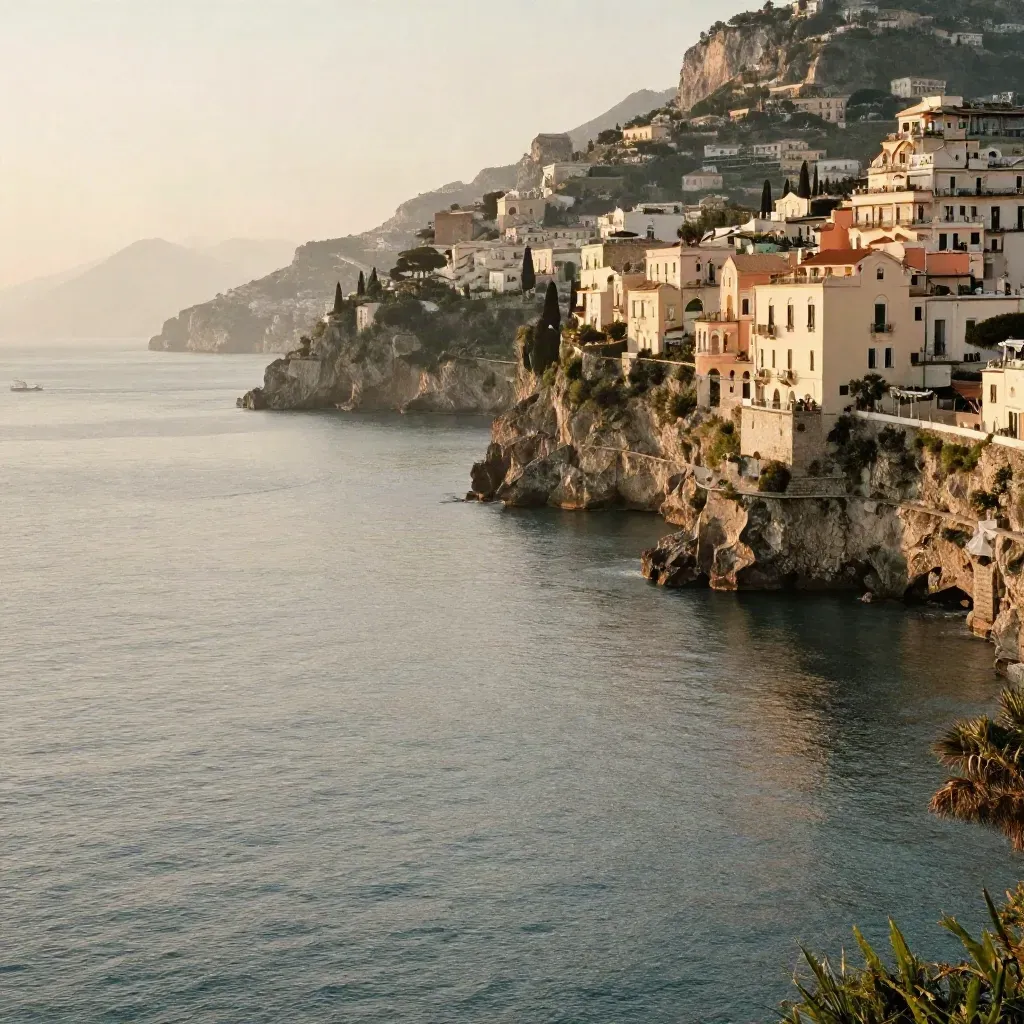 Costiera Amalfitana al tramonto con scogliere pastello e mare calmo avvolti da foschia