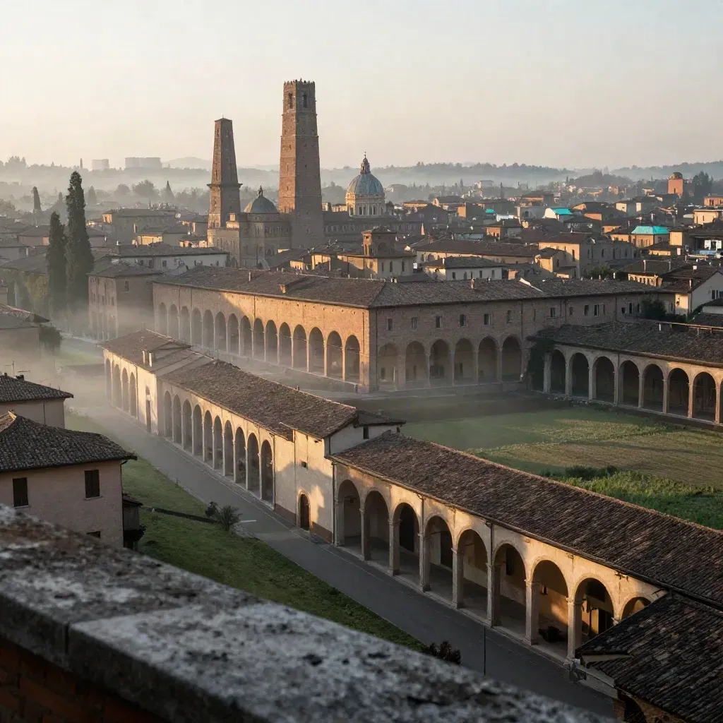 Bologna al tramonto con portici e skyline terracotta sopra campi velati